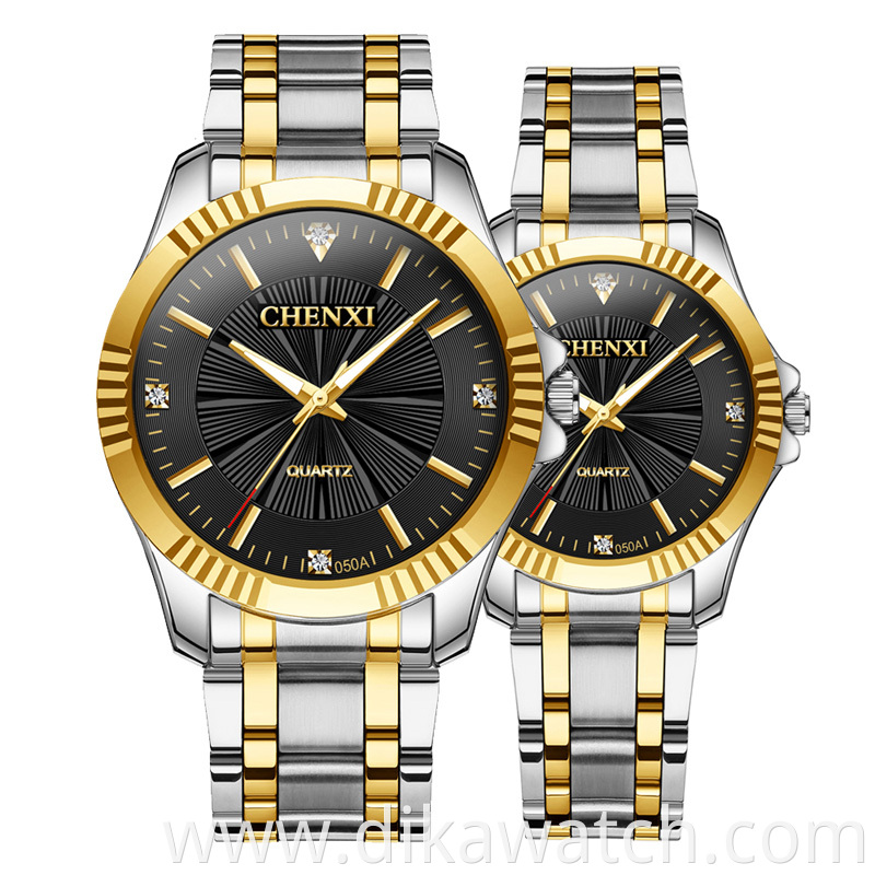 CHENXI New Men Women Quartz Couple Watch Fashion Waterproof Stainless Steel Watch Golden Luxury Wristwatch 050A